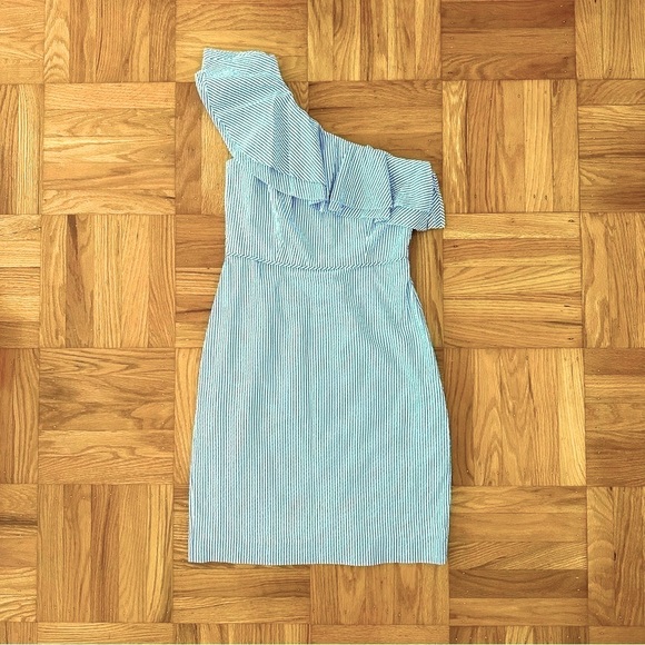 J. Crew One Shoulder Blue Striped Seersucker Ruffle Dress Size 4 - Picture 1 of 8